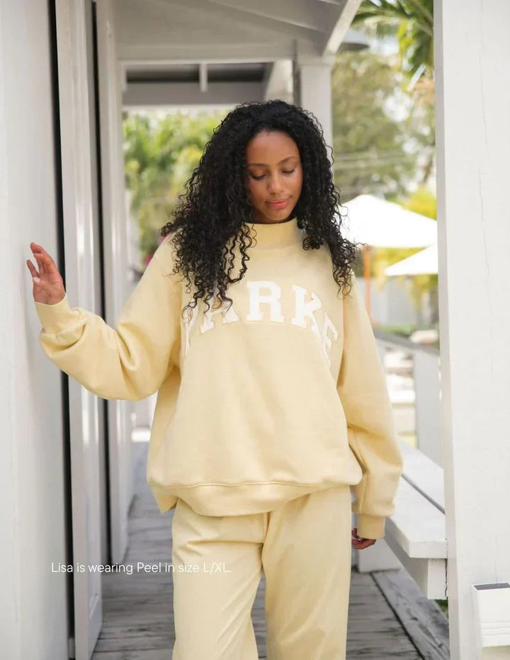 Varsity Mockneck Pastel Yellow with Navy Letters