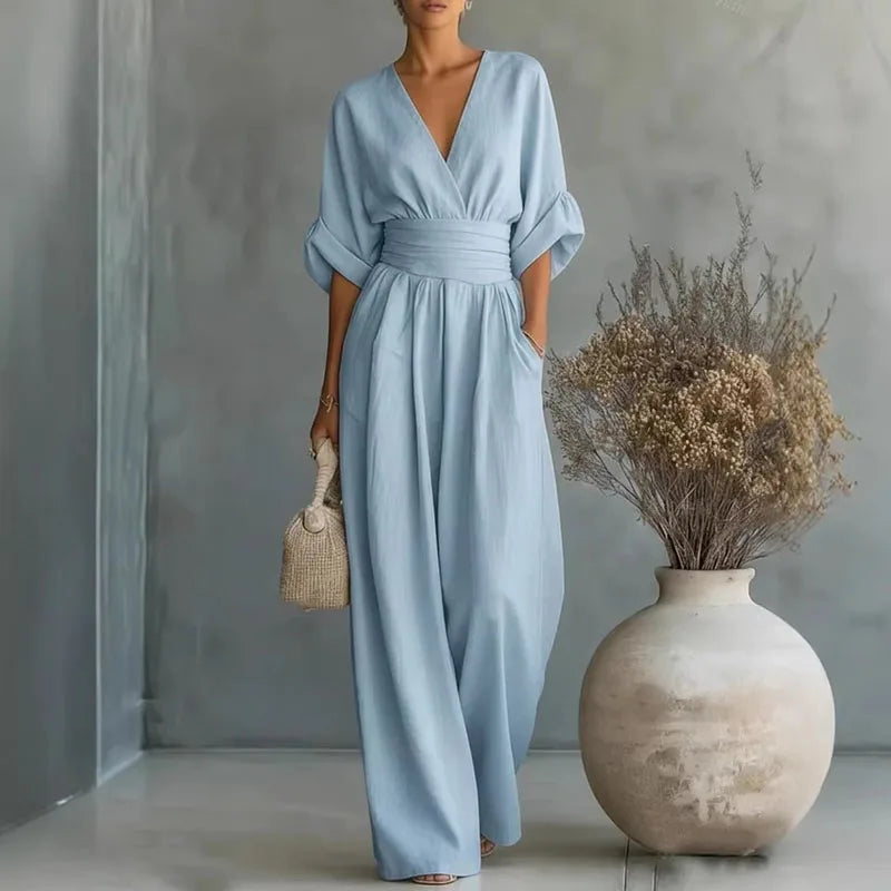 Surplice V-Neck Wide-Leg Jumpsuit – Elegant Summer Ease