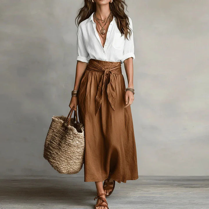 Top and Tie-Waist Midi Skirt Set – Relaxed Two-Tone Look