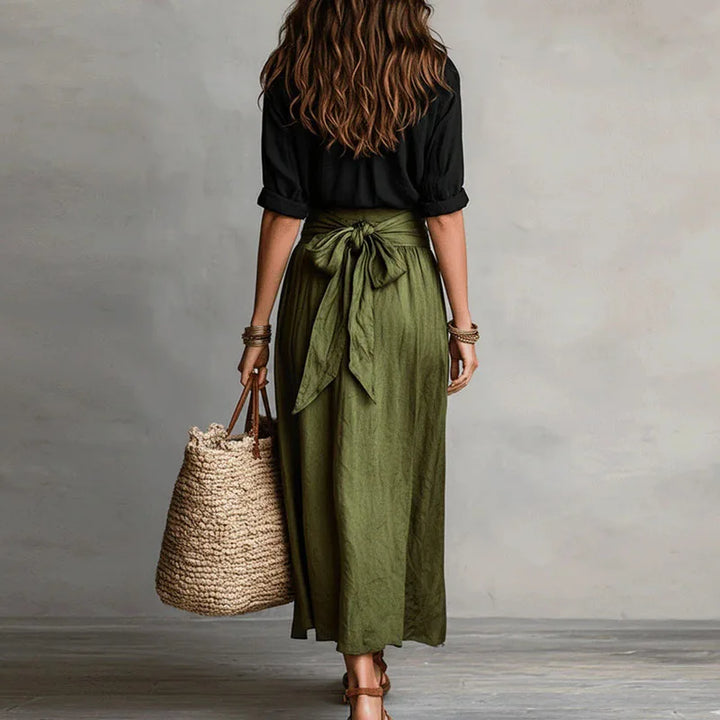 Top and Tie-Waist Midi Skirt Set – Relaxed Two-Tone Look