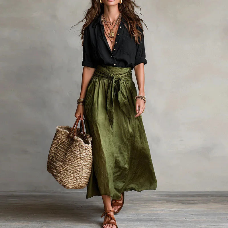 Top and Tie-Waist Midi Skirt Set – Relaxed Two-Tone Look