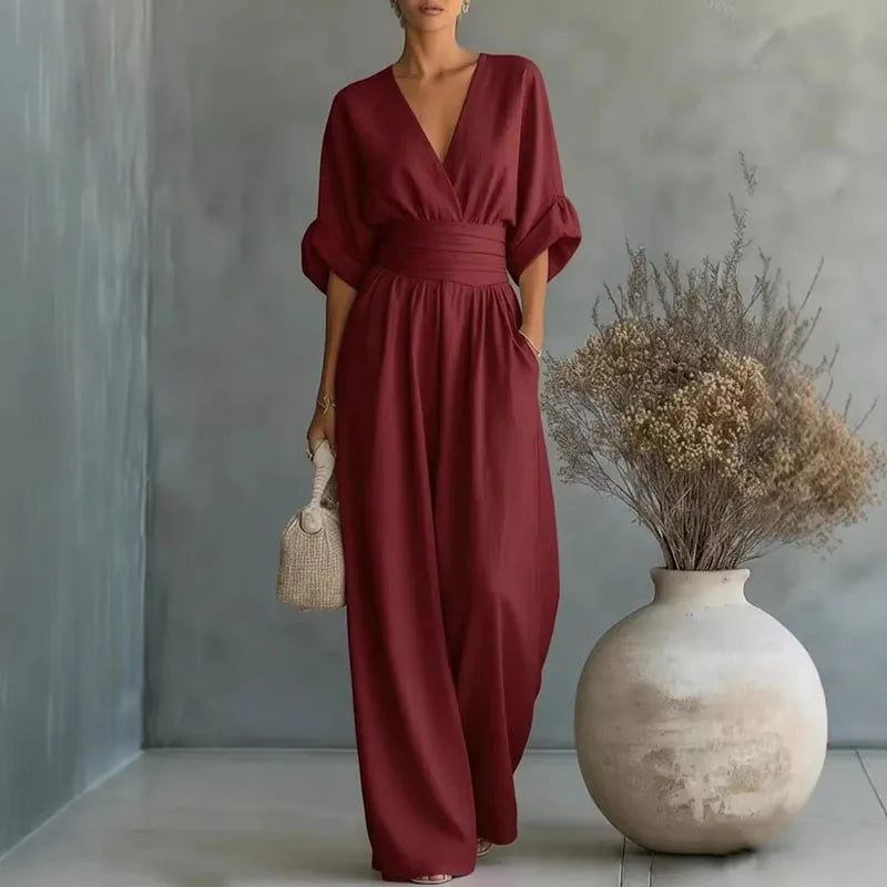 Surplice V-Neck Wide-Leg Jumpsuit – Elegant Summer Ease
