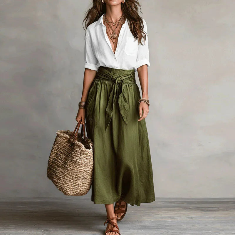 Top and Tie-Waist Midi Skirt Set – Relaxed Two-Tone Look