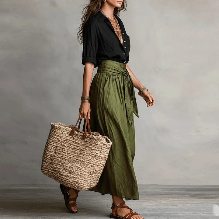 Top and Tie-Waist Midi Skirt Set – Relaxed Two-Tone Look