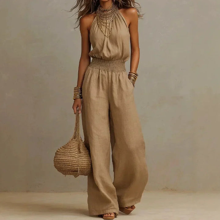 Halter Wide-Leg Jumpsuit – Smocked Waist Elegance
