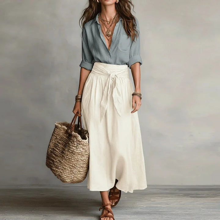Top and Tie-Waist Midi Skirt Set – Relaxed Two-Tone Look