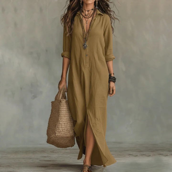 Casual Linen-Blend Shirt Dress with Button Placket and Side Slits