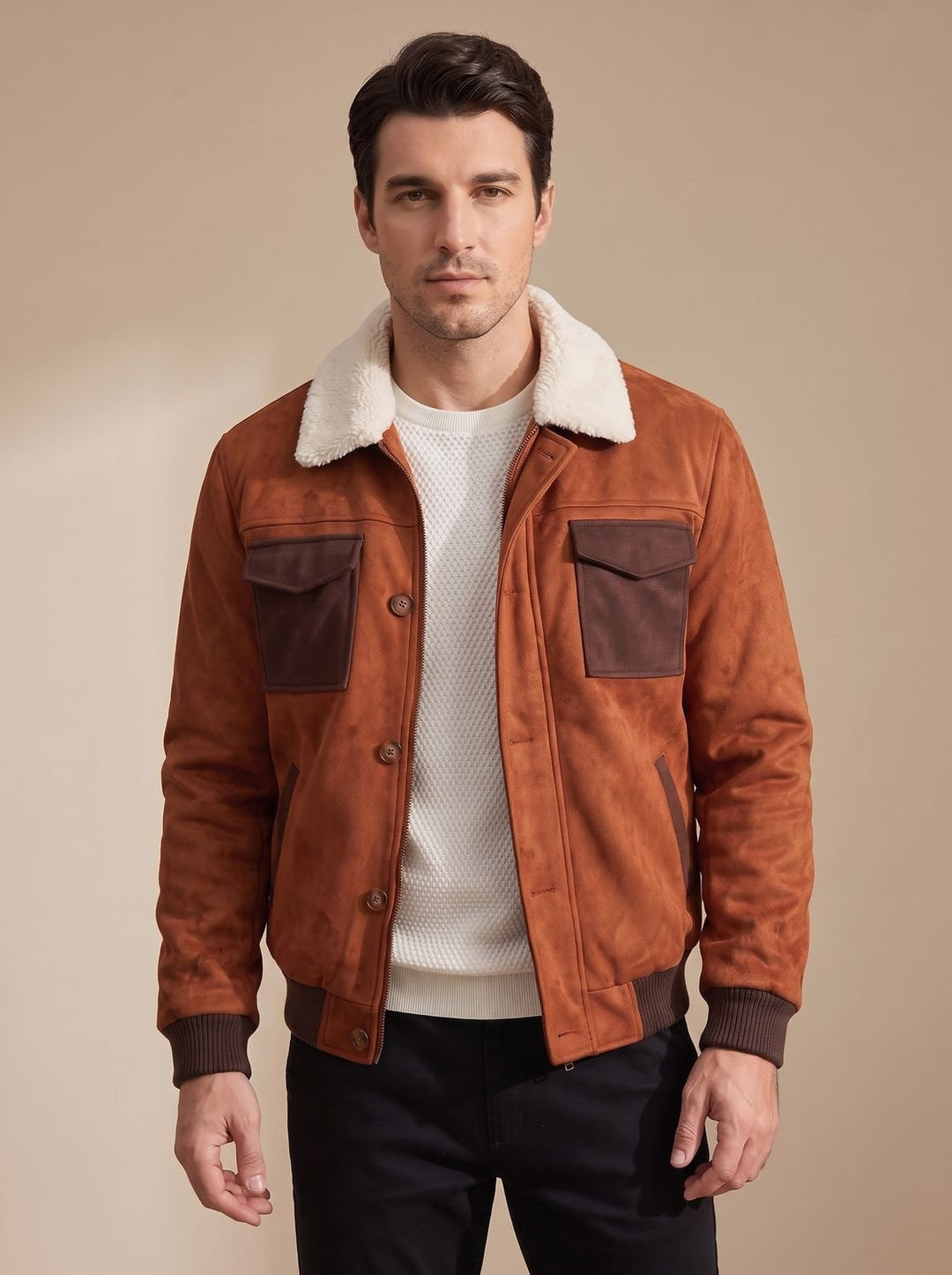 Ryan | Men's Suede Sherpa-Lined Bomber Jacket Vintage Button-Front