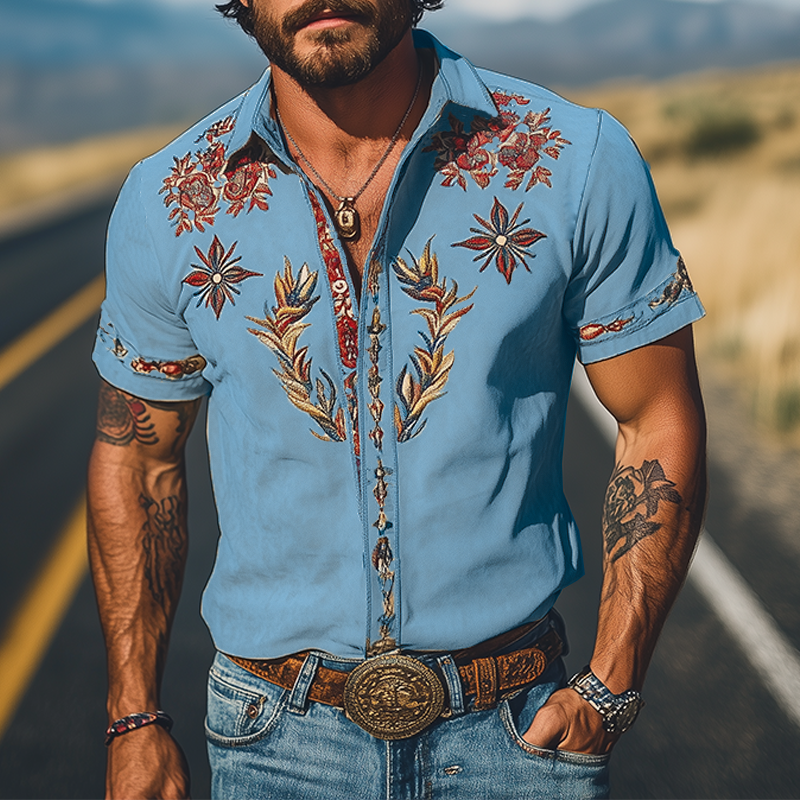 Men's Western Embroidered Short-Sleeve Shirt