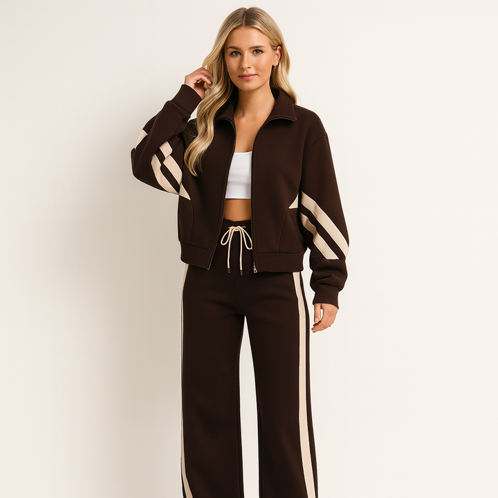 Two-Piece Knit Tracksuit Set with Zip Jacket and Side Stripes