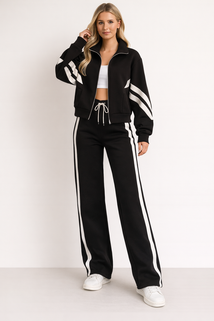 Two-Piece Knit Tracksuit Set with Zip Jacket and Side Stripes