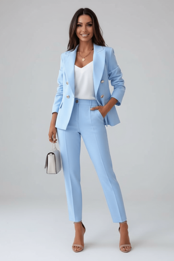 Two-Piece Woven Pant Suit with Notched Lapel and Straight Leg