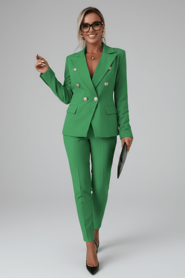 Two-Piece Woven Pant Suit with Notched Lapel and Straight Leg