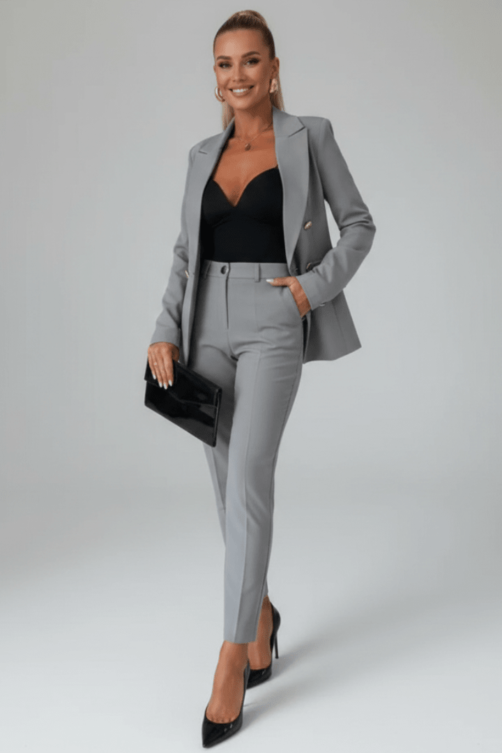 Two-Piece Woven Pant Suit with Notched Lapel and Straight Leg