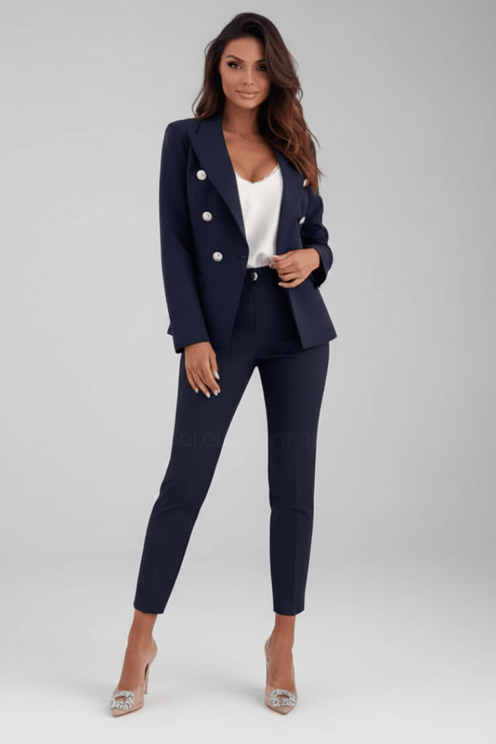 Two-Piece Woven Pant Suit with Notched Lapel and Straight Leg