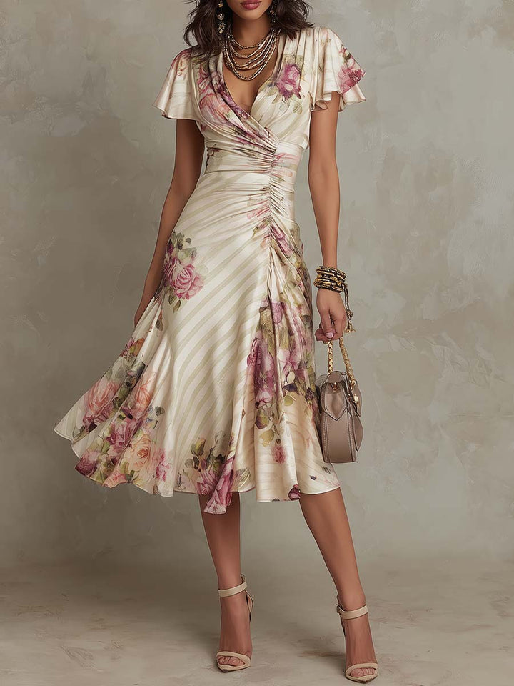 Vintage Satin Midi Dress with Wrap V-Neck and Ruching