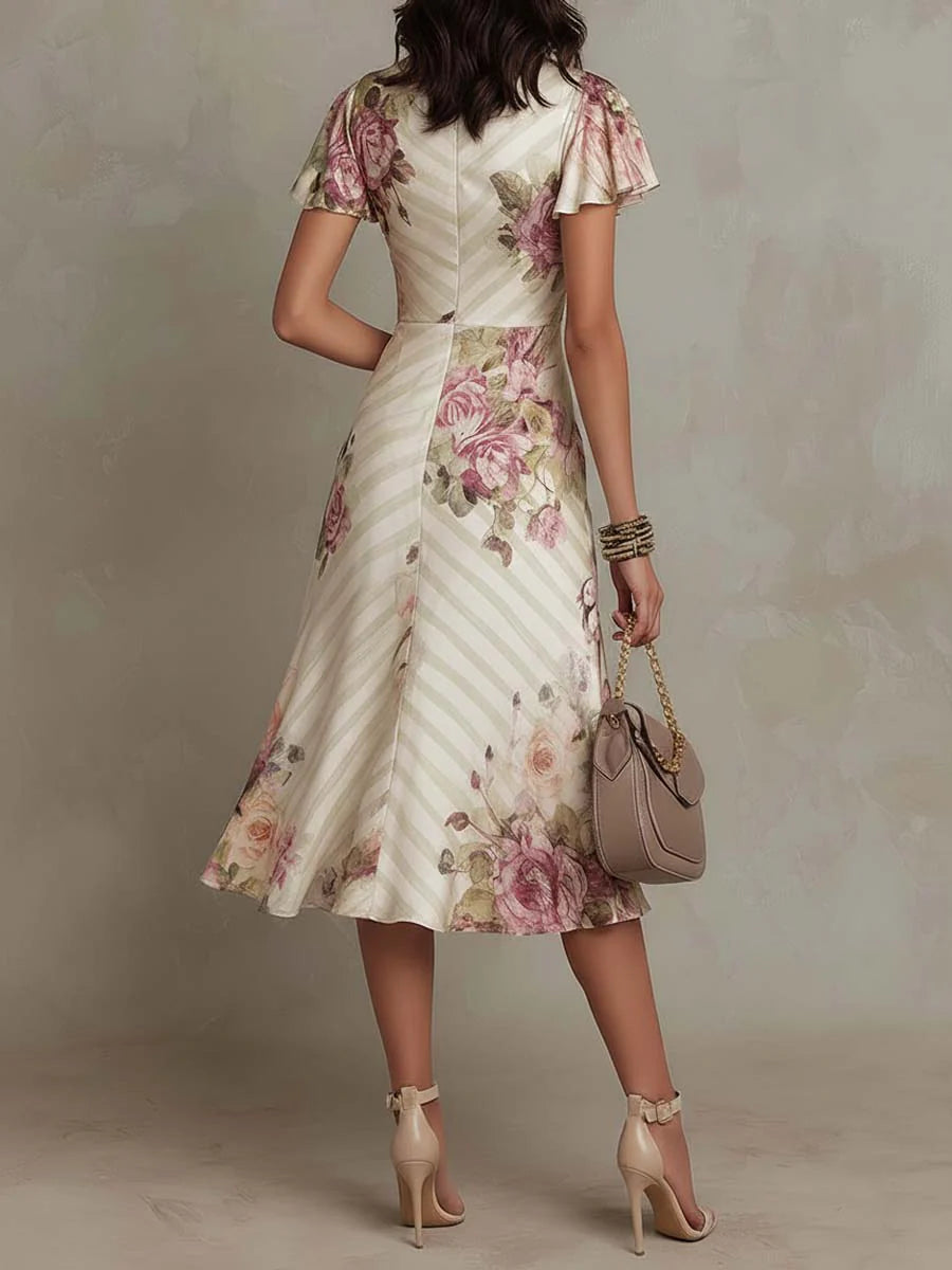 Vintage Satin Midi Dress with Wrap V-Neck and Ruching