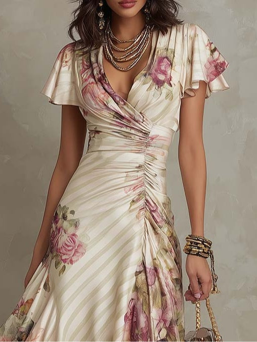 Vintage Satin Midi Dress with Wrap V-Neck and Ruching