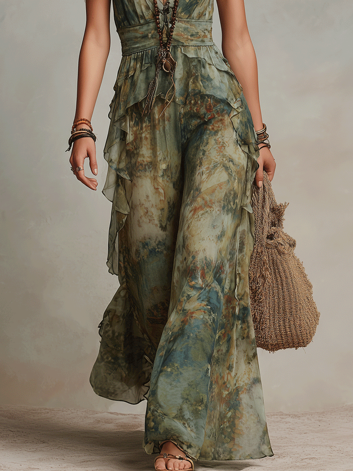Wide-Leg Jumpsuit – Boho Floral Ruffle