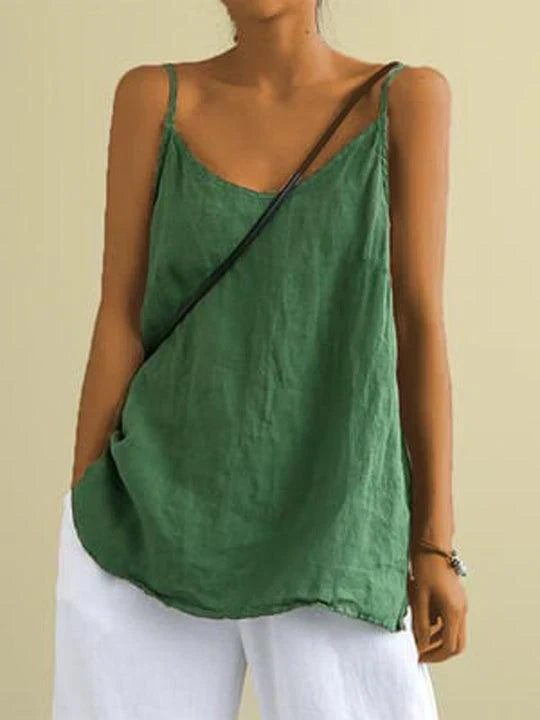 Women's Casual Linen-Blend Cami Top with V Neck and Spaghetti Straps