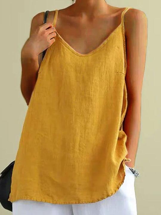 Women's Casual Linen-Blend Cami Top with V Neck and Spaghetti Straps