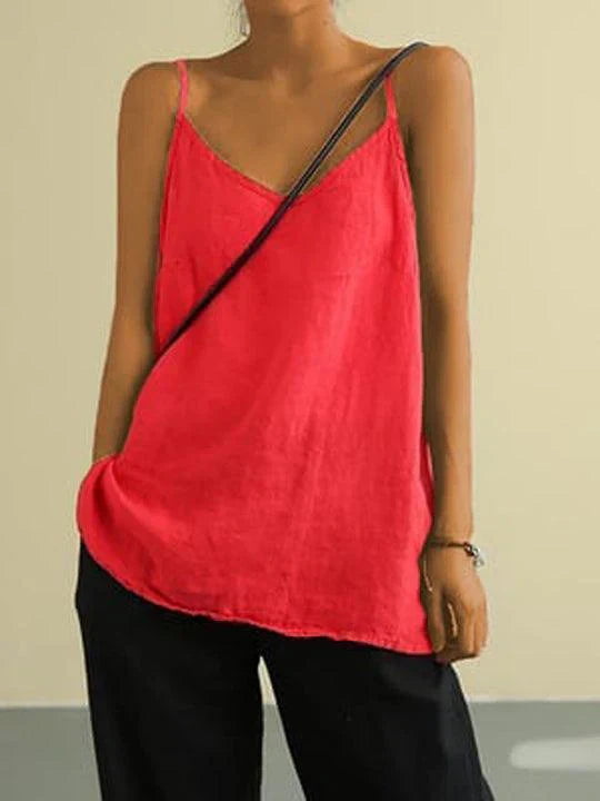 Women's Casual Linen-Blend Cami Top with V Neck and Spaghetti Straps