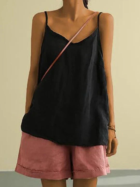 Women's Casual Linen-Blend Cami Top with V Neck and Spaghetti Straps