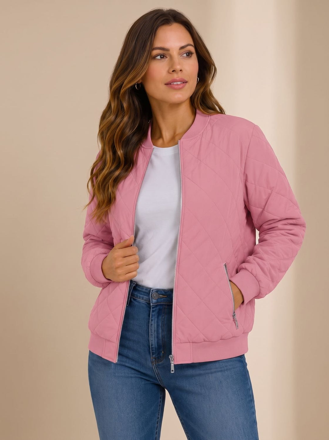 Aria | Women's Diamond Quilted Bomber Jacket with Pockets