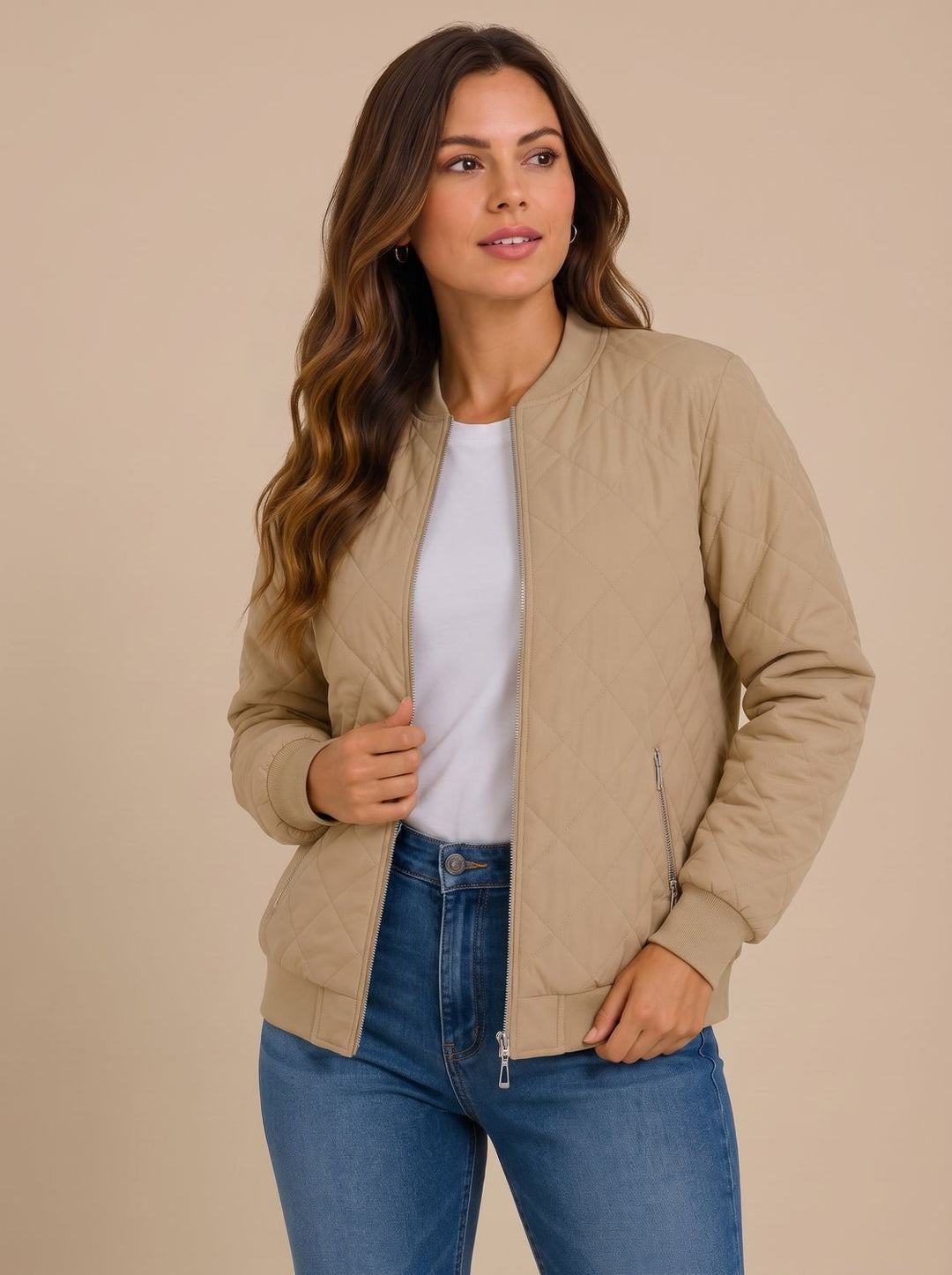 Aria | Women's Diamond Quilted Bomber Jacket with Pockets