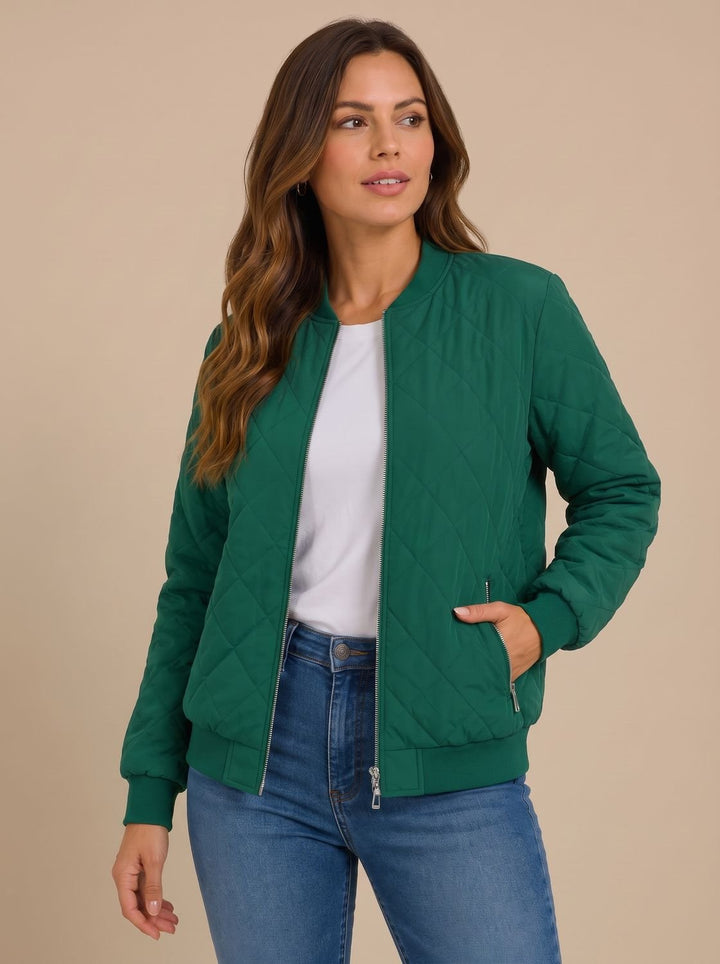 Aria | Women's Diamond Quilted Bomber Jacket with Pockets