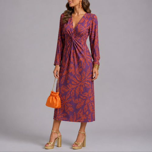 Eleanor | Women's Fall Wedding Guest Dresses Twist-Front V-Neck Floral Midi Dress