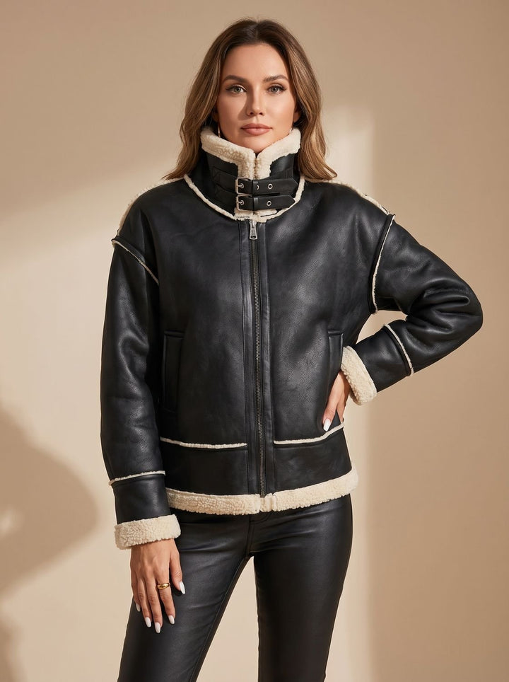 Victoria | Women's Faux Leather Sherpa-Lined Zip-Up Aviator Jacket