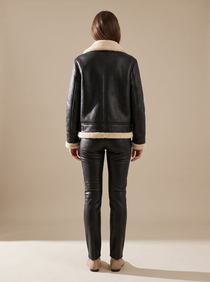 Victoria | Women's Faux Leather Sherpa-Lined Zip-Up Aviator Jacket