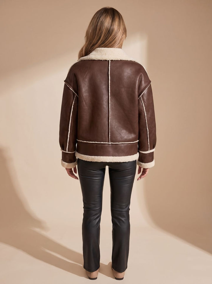 Victoria | Women's Faux Leather Sherpa-Lined Zip-Up Aviator Jacket