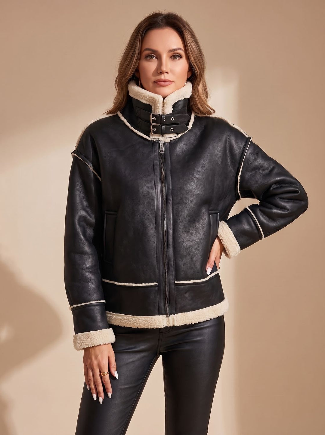 Victoria | Women's Faux Leather Sherpa-Lined Zip-Up Aviator Jacket