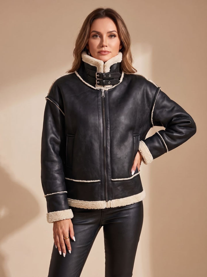 Victoria | Women's Faux Leather Sherpa-Lined Zip-Up Aviator Jacket