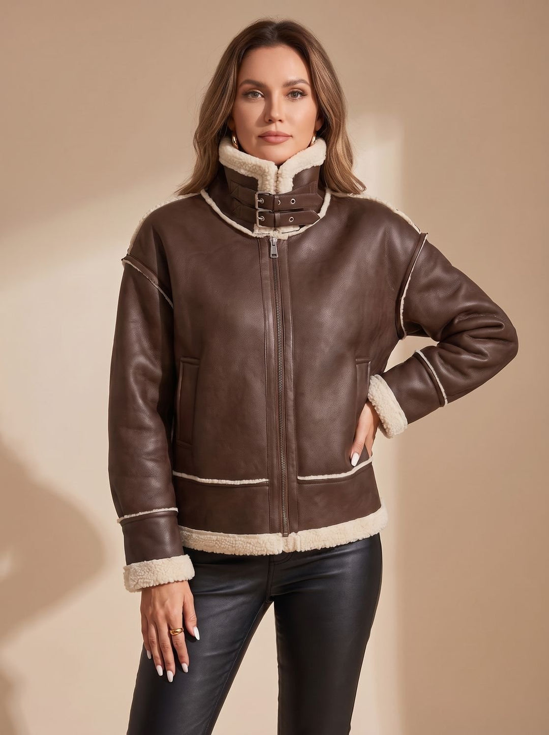 Victoria | Women's Faux Leather Sherpa-Lined Zip-Up Aviator Jacket