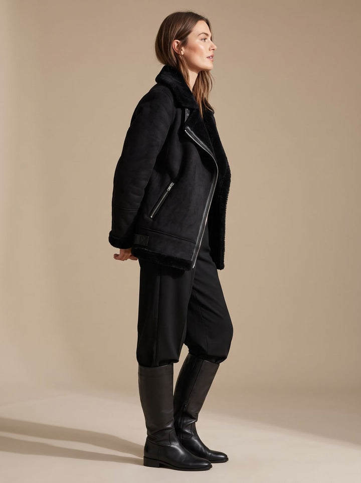 Harper | Women's Faux Shearling Aviator Jacket Belted Asymmetric-Zip