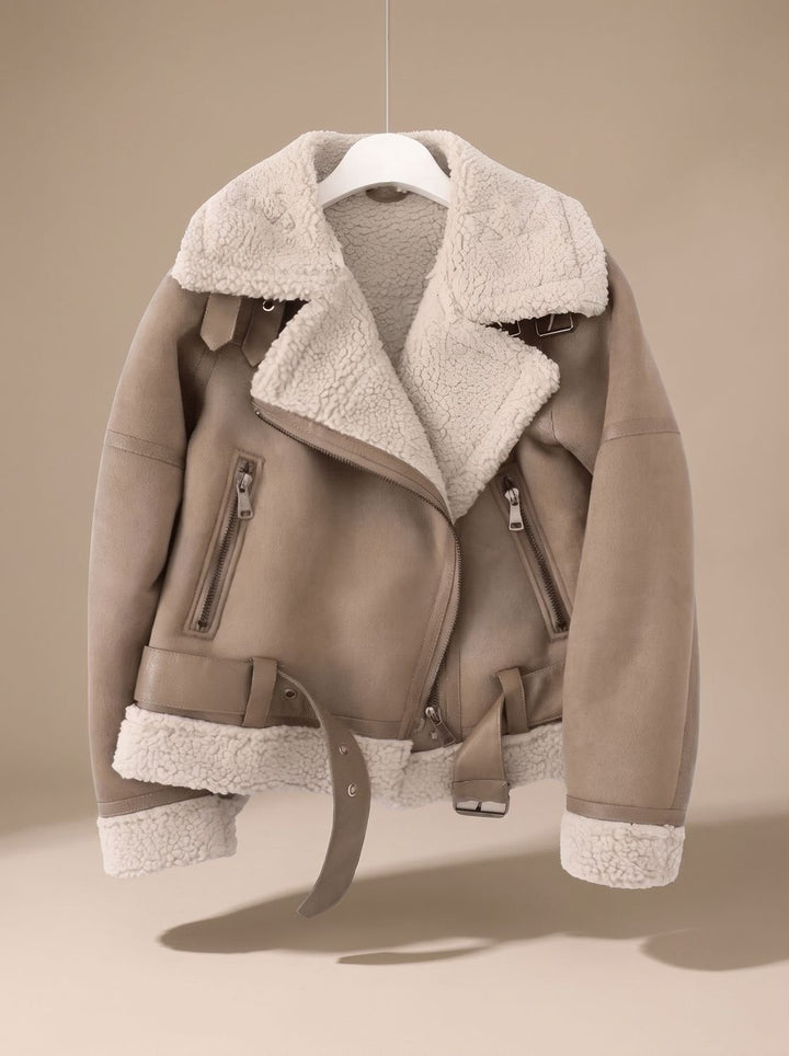 Harper | Women's Faux Shearling Aviator Jacket Belted Asymmetric-Zip