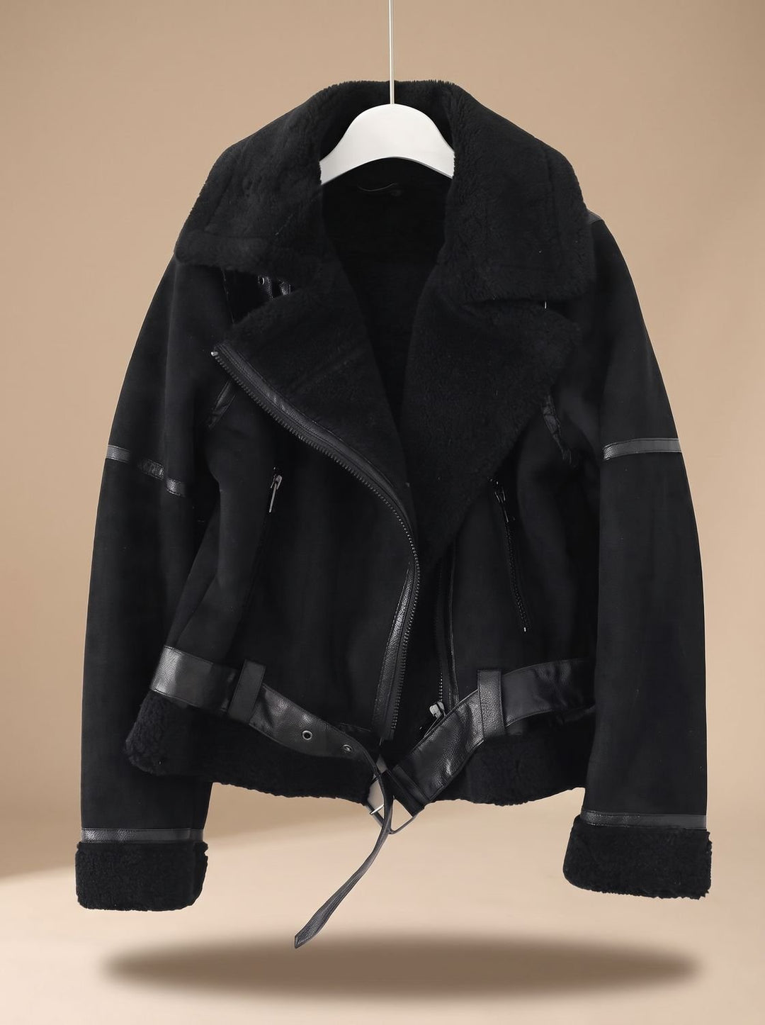 Harper | Women's Faux Shearling Aviator Jacket Belted Asymmetric-Zip