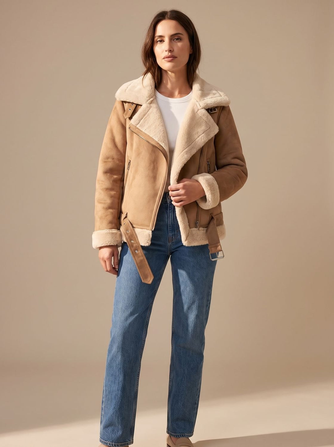 Harper | Women's Faux Shearling Aviator Jacket Belted Asymmetric-Zip