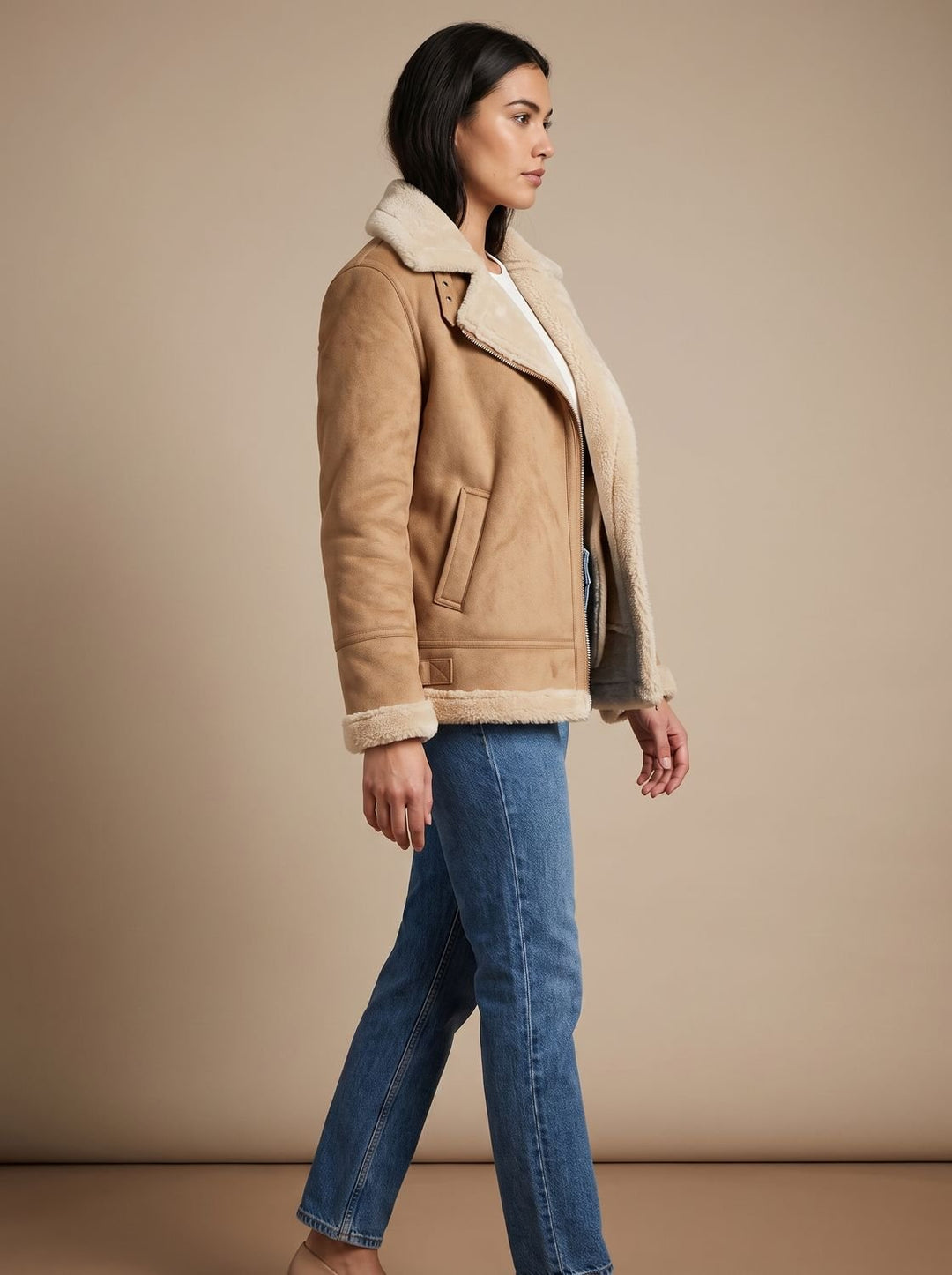 Harper | Women's Faux Shearling Aviator Jacket Belted Asymmetric-Zip