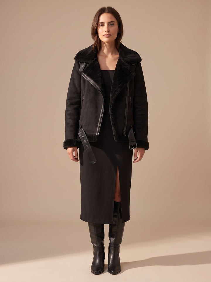 Harper | Women's Faux Shearling Aviator Jacket Belted Asymmetric-Zip
