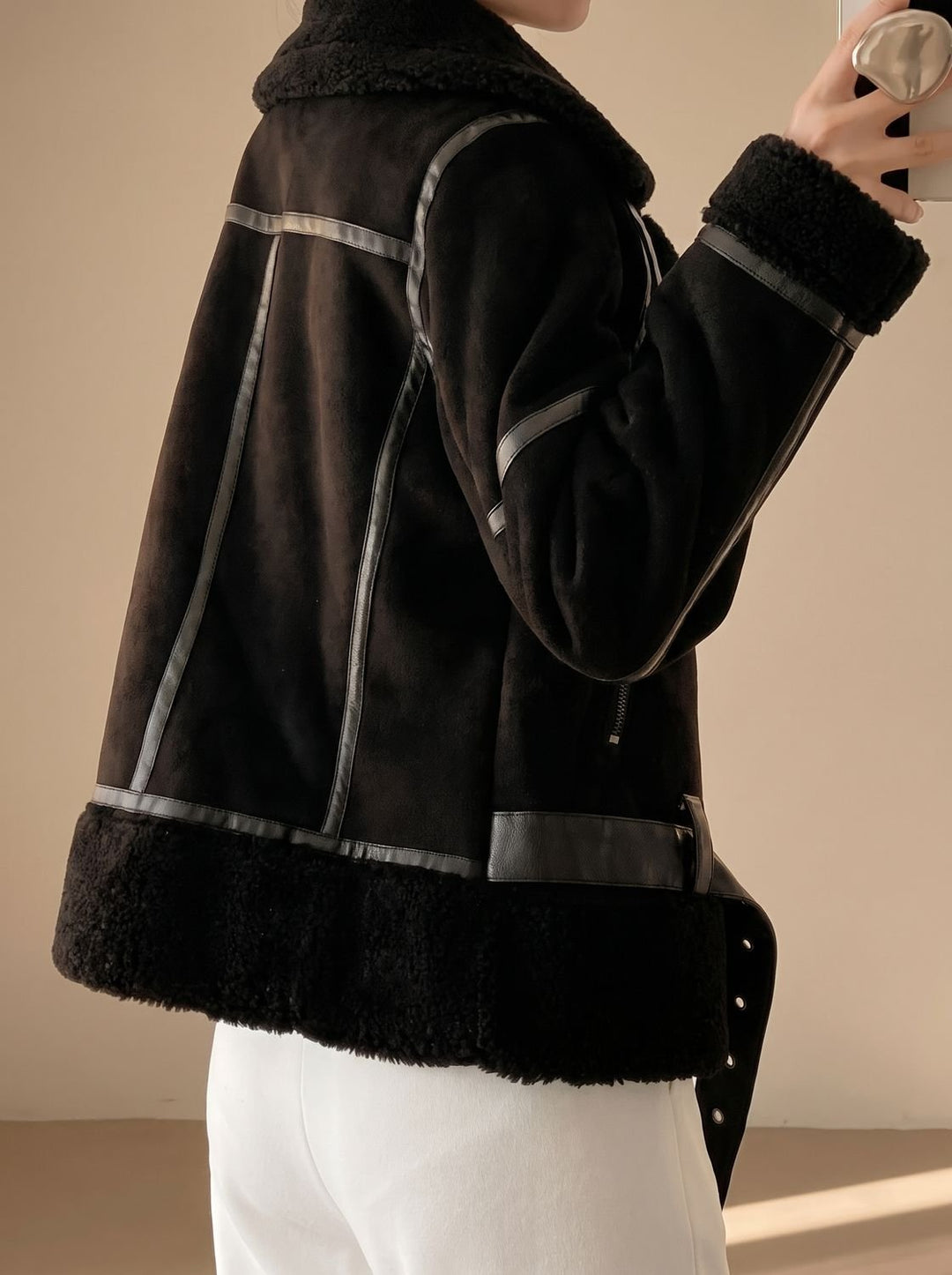 Harper | Women's Faux Shearling Aviator Jacket Belted Asymmetric-Zip