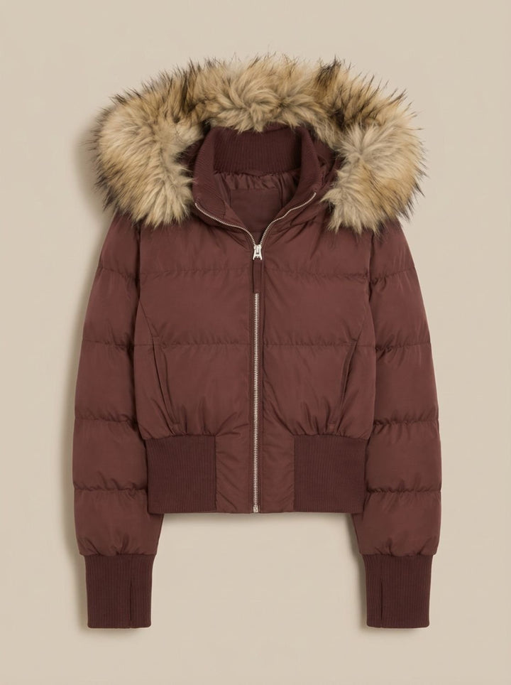 Amelia | Women's Fitted Faux Fur Hood Cropped Puffer Jacket