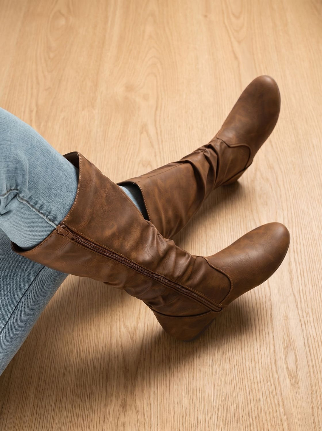 Aria | Women's Flat Knee High Boots Gathered-Shaft Side-Zip Round-Toe