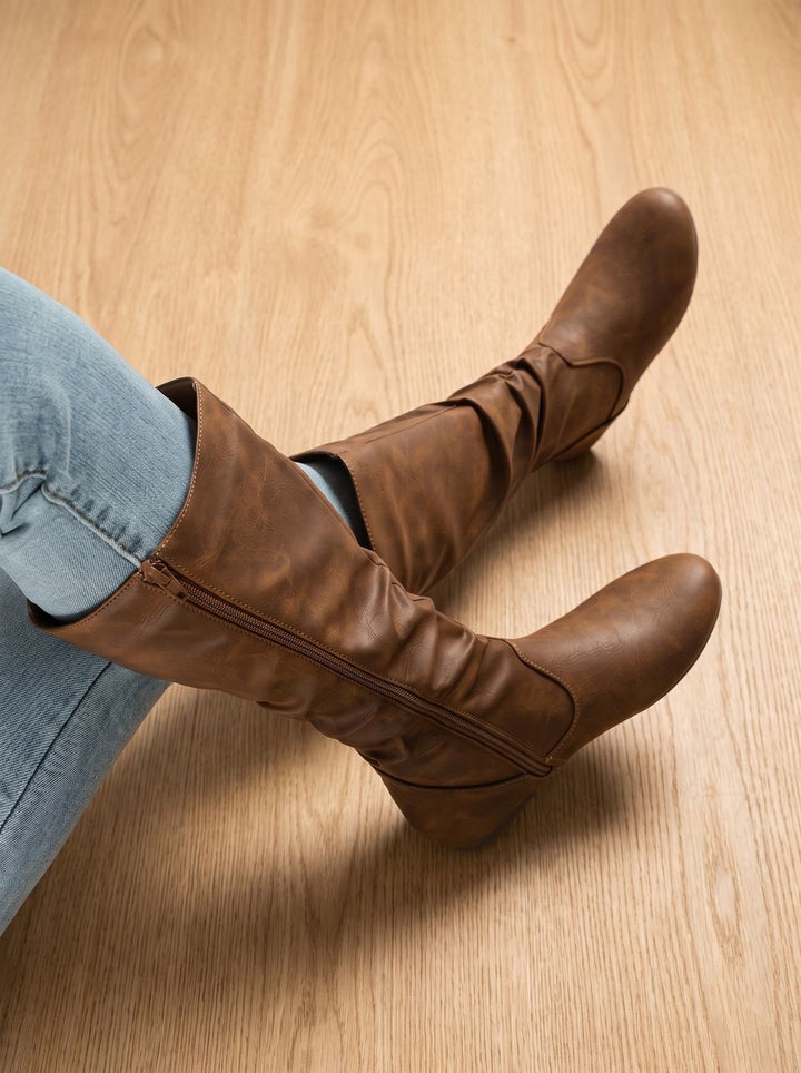Aria | Women's Flat Knee High Boots Gathered-Shaft Side-Zip Round-Toe