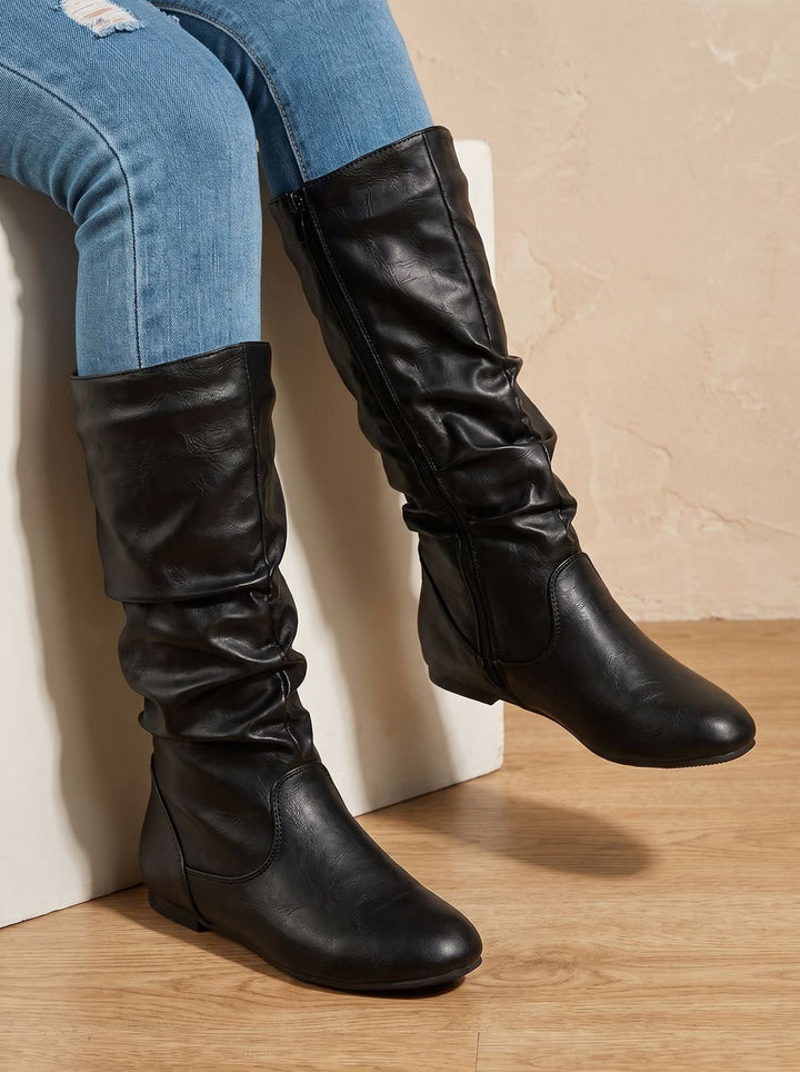 Aria | Women's Flat Knee High Boots Gathered-Shaft Side-Zip Round-Toe