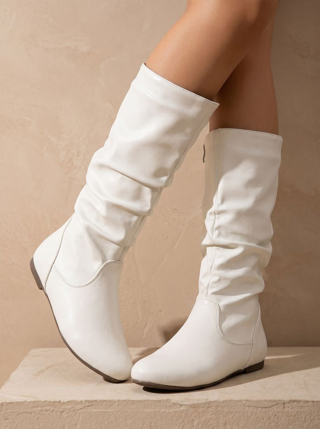 Aria | Women's Flat Knee High Boots Gathered-Shaft Side-Zip Round-Toe