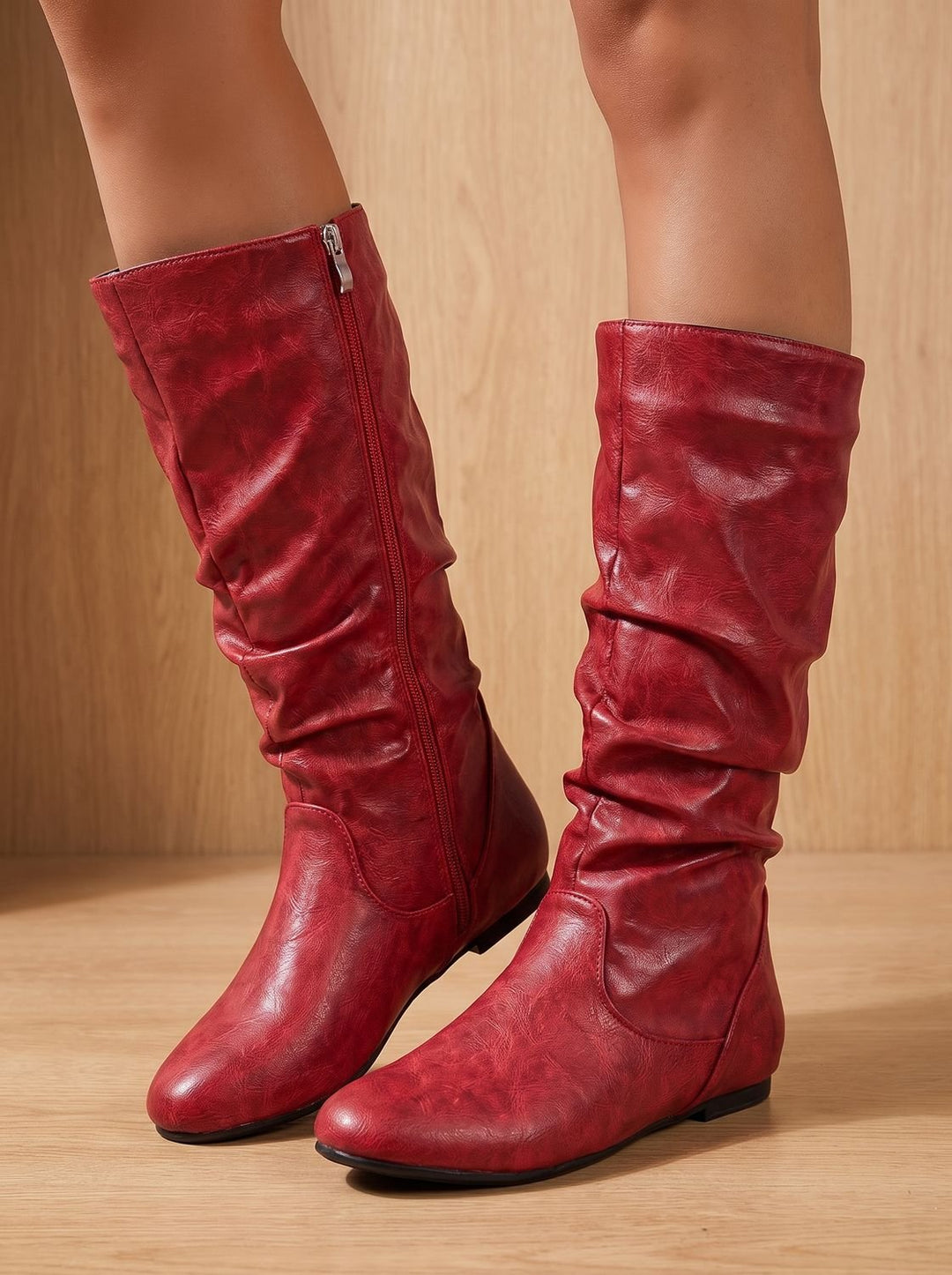 Aria | Women's Flat Knee High Boots Gathered-Shaft Side-Zip Round-Toe